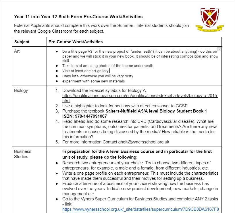Year 12 Transition Pre-Course Work & Activities Document - Click here to download